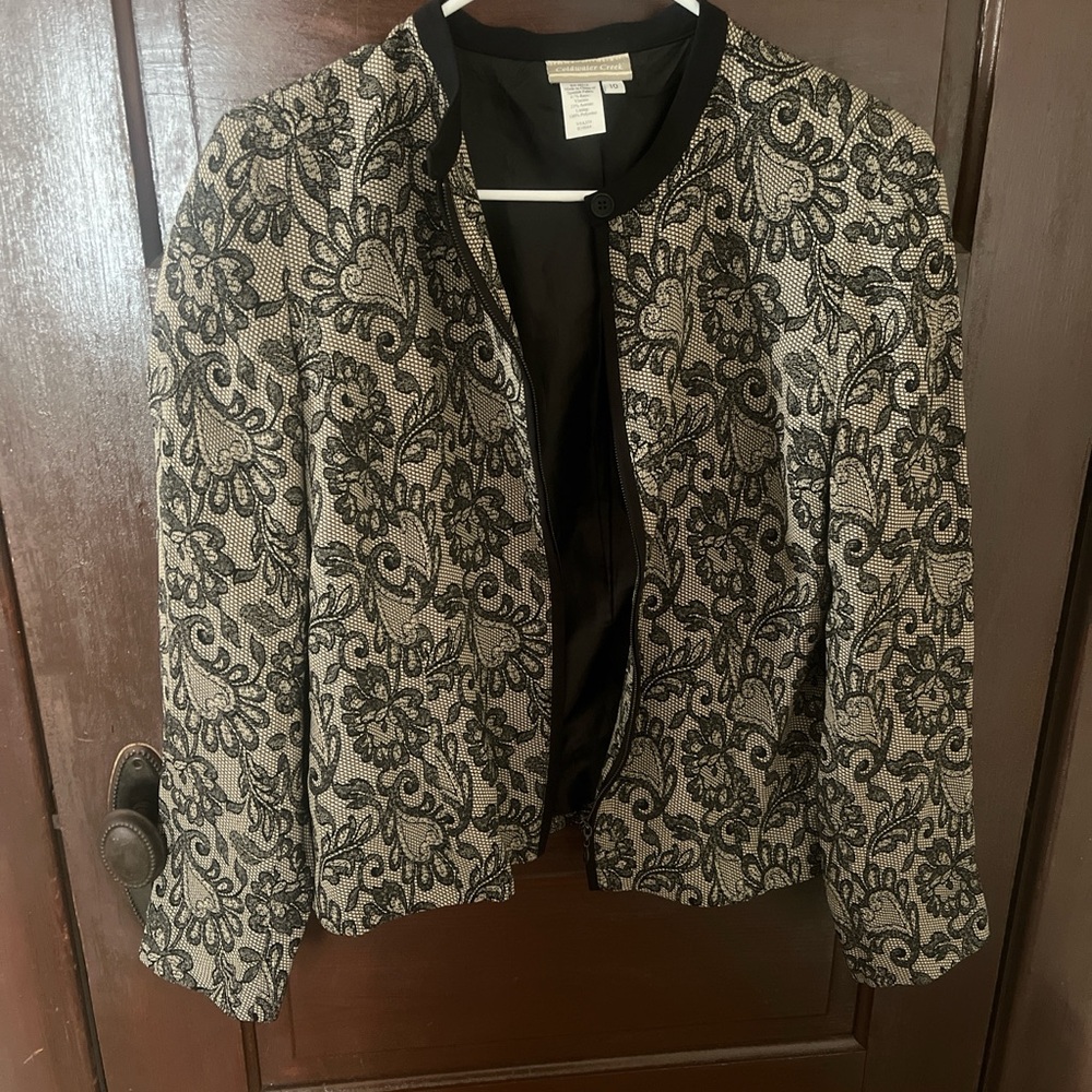 Coldwater Creek Black and Cream Floral Tweed Open Blazer
